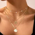 Parure de colliers à trois rangs dorés avec perles, pendentif fleur et breloque coquillage - Collier à plusieurs rangs perles fleurs coquillages (x434) / 14k / 1 Pièce/Lot