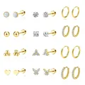12 pairs gold plated brass earring set with crystal studs and minimalist hoops - Round Bead Earring Set (e909) / 14k / 12 Pairs Set / Gold