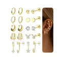 Golden plated brass earring set featuring hoops, studs, and cubic zirconia dangles - Round Bead Earring Set (e913) / 14k / 10 Pairs Set / Gold