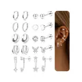 Gold plated brass earrings set with butterfly studs and zircon hoops on a model - Round Bead Earring Set (e913) / 14k / 10 Pairs Set / Silver