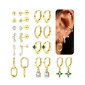 Detail of gold plated earring set featuring stud hoops and green drop pendant charms - Round Bead Earring Set (e919) / 14k / 11 Pairs/Set / Gold