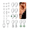 Detailed set of silver-tone hoop and stud earrings with green gemstones and zircon accents - Round Bead Earring Set (e919) / 14k / 11 Pairs/Set / Silver
