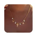 Detailed shot of golden beach necklace featuring starfish, shell and pearl pendants - Coconut Tree Starfish Shell Style(x453) / 14k / Gold