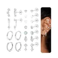 Detailed set of silver brass stud earrings and hoops featuring zircon stones and opal accents - Luxury Piercing Set (e1375) / 14k / 11 Pairs/Set / Silver