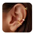 Σετ τριών επίχρυσων ear cuff με φιόγκο, πέρλα και λιτό σχέδιο κρίκου για γυναίκες - 14k / Σετ 3 τεμαχίων / Σετ Σκουλαρίκι Φιόγκος Και Ear Cuff Με Μαργαριτάρι (e1332)
