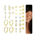 Macro detail of 16-piece gold-plated earring set with zircon and opal-style studs - Luxury Piercing Set (e1375) / 14k / 11 Pairs/Set / Gold