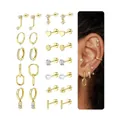Detailed close-up of 12 pairs of gold-plated earrings including hoops, studs and pearls - Multi-Style Earring Set (e1377) / 14k / 12 Pairs Set / Gold