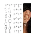 Detail of 12 pairs silver earrings set with pearls, studs and hoops on a model - Multi-Style Earring Set (e1377) / 14k / 12 Pairs Set / Silver
