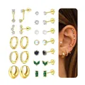 Detail of 18k gold plated earring set with colorful crystals and pearls on model - Exquisite Pendant Earring Set (e1378) / 14k / 12 Pairs Set / Gold