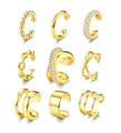 Detail set of nine gold plated ear cuffs featuring zircon stones and textured metal designs - 9-Piece Ear Cuff Style (e1358) / 9 Pieces Set / Gold