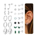 Macro shot of silver stud earrings set featuring pearls, zircons and green gemstones - Exquisite Pendant Earring Set (e1378) / 14k / 12 Pairs Set / Silver