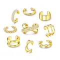 Set of 9 gold-plated brass ear cuffs featuring minimalist and cubic zirconia designs - 9-Piece Ear Cuff Style (e1359) / 9 Pieces Set / Gold