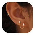 Fashionable gold-plated brass earring set with rectangular zircon and delicate long tassel chains - 14k / Gold Square Zirconia Connected Style (e1344)