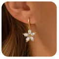 Elegant gold plated brass flower earrings with pearl petals shown on a female model - Artificial Pearl Flower Pendant Style (e1412) / 1 Pair Pack / Gold