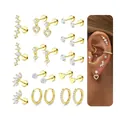 Gold plated brass earring set with zircon hearts and studs displayed with on-ear view - Gold Style (e1360) / Gold