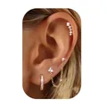 Three-piece gold plated brass earring set with zircon hoops and chain stud on ear - Rhinestone Hoop Chain Earring Set (e1365) / 14k / 3 Pieces/Pack / Gold
