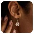 Elegant gold-plated flower pearl drop earrings featuring a daisy design on a female model - Daisy Shape Artificial Pearl Style (e1413) / 1 Pair Pack / Gold