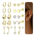 Detailed set of gold plated brass hoop earrings and cubic zirconia studs on model - Stud and Hoop Mix Set (e1380) / 14k / 10 Pairs Set / Gold