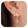 Chic 18K gold plated brass flower earrings set with sparkling zircon for women - Five-Petal Flower Zirconia Earring Set (3 Pieces/Set)(e1383) / 14k