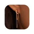 Gros plan de boucles d'oreilles créoles dorées à longues chaînes sur un modèle - 14k / Style Créoles à Gland Or (e1347)