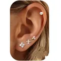 Minimalist gold-plated brass earring set featuring white pearls and clear zircon crystals - Pearl and Star Crystal Stud Set (e1367) / 14k / 4 Pieces/Pack / Gold