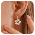 Elegant gold plated brass hoop earrings with white pearl flower pendant for women - Shell Luster Five-Petal Flower Style (e1415) / 1 Pair Pack / Gold