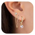 Fashionable gold plated brass flower earring set with sparkling zircon for women - Double Stone Chain Layered Set (2 Pieces/Set)(e1384) / 14k