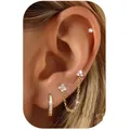 Three-piece gold plated brass earring set with crystal studs and chain link cuff for women - Pave Hoop Floral Ear Chain Set (e1368)