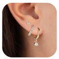 Three-piece gold plated brass floral earring set with zircon accents on female model - Mini Single Stone Hoop Earring Set (3 Pieces/Set)(e1385) / 14k
