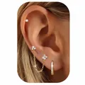 Detail of 18k gold plated brass earring set featuring clover studs and linked chains - Clover Chain Stud Hoop Set (e1369) / 14k / 3 Pieces/Pack / Gold