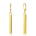 Detailed view of elegant gold-plated drop earrings with rectangular bar pendants and leverbacks - Rectangular Solid Dangle Style / Gold