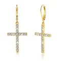 Detail shot of gold-plated lever-back earrings with S925 hallmark and sparkling cross charms - Zirconia Cross Style / Gold