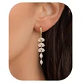 Elegant gold-plated brass long tassel earrings with pear-shaped water-drop crystals on model - Pear Cut Rhinestone Long Tassel Earrings (e1394) / 14k / 1 Pair Pack / Gold