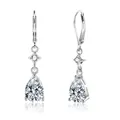 Macro view of teardrop crystal earrings in S925 sterling silver with leverback hooks - Pear Cut Faceted Style / Silver