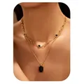 Elegant gold double-layered necklace with black rectangular zircon pendant on model - Double Layer Style (x527) / Set of 2 / Black