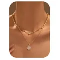 Double-layered gold necklace with paperclip chain and rectangular zircon pendant - Gold