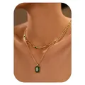 Double layered gold necklace with rectangular green zircon pendant and paperclip chain - Double Layer Style (x529) / Set of 2 / Green