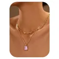 Close-up of double-layered gold necklace with pink emerald-cut and purple zircon stones - Double Layer Style (x531) / Set of 2 / Purple