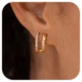 Close-up of gold plated double layer U-shaped ear cuffs with shimmering zircon inlay - U-Shaped Double-Layer Pave Ear Clip (e1409) / 14k / 1 Pair Pack / Gold
