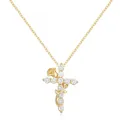 Elegant gold brass cross necklace with rose flower and sparkling cubic zirconia stones - Rose Vine Cross Style (x496) / 1 Piece / Gold
