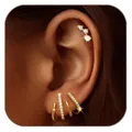 Detailed view of gold-plated C-shape hoop earrings with cross rings and sparkling crystals - Gold Style 3 (e1431) / 2 Pcs/Set / Gold
