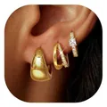 Three-piece gold plated brass hoop earring set with cubic zirconia teardrop accents - Teardrop Zirconia Style (e1436) / Three-Piece Set / Gold
