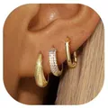 Three-piece gold plated brass hoop earring set with zirconia and relief textures - Embossed Texture Style (e1437) / Three-Piece Set / Gold
