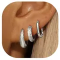 Three-piece silver hoop earring set featuring textured, pavé zircon, and polished finishes - Embossed Texture Style (e1437) / Three-Piece Set / Silver