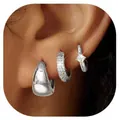 Detailed view of three silver teardrop earrings worn together on the earlobe - Princess Cut Zirconia Style (e1438) / Three-Piece Set / Silver