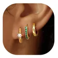 Close-up of gold-plated hoop earrings set featuring green stones and white zirconia - Green Gemstone Inlaid Style (e1439) / Three-Piece Set / Gold