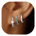 Close-up of silver-plated hoop earrings set with emerald green and white zircon stones - Green Gemstone Inlaid Style (e1439) / Three-Piece Set / Silver