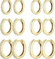 Detail of 18k gold plated hoop earrings set with crystal inlay and polished finishes - Multi-Size Hoop Earring Style (e1707) / 6 Pairs Set / Gold