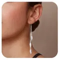 Orecchini a nappa lunghi in argento con pendenti a tre foglie e catene sottili - Stile Nappina a Gradini Foglia di Salice (e1462) / Un Paio / Argento