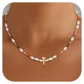 Detail of colorful beads and baroque pearl necklace with gold letter T pendant - Letter T